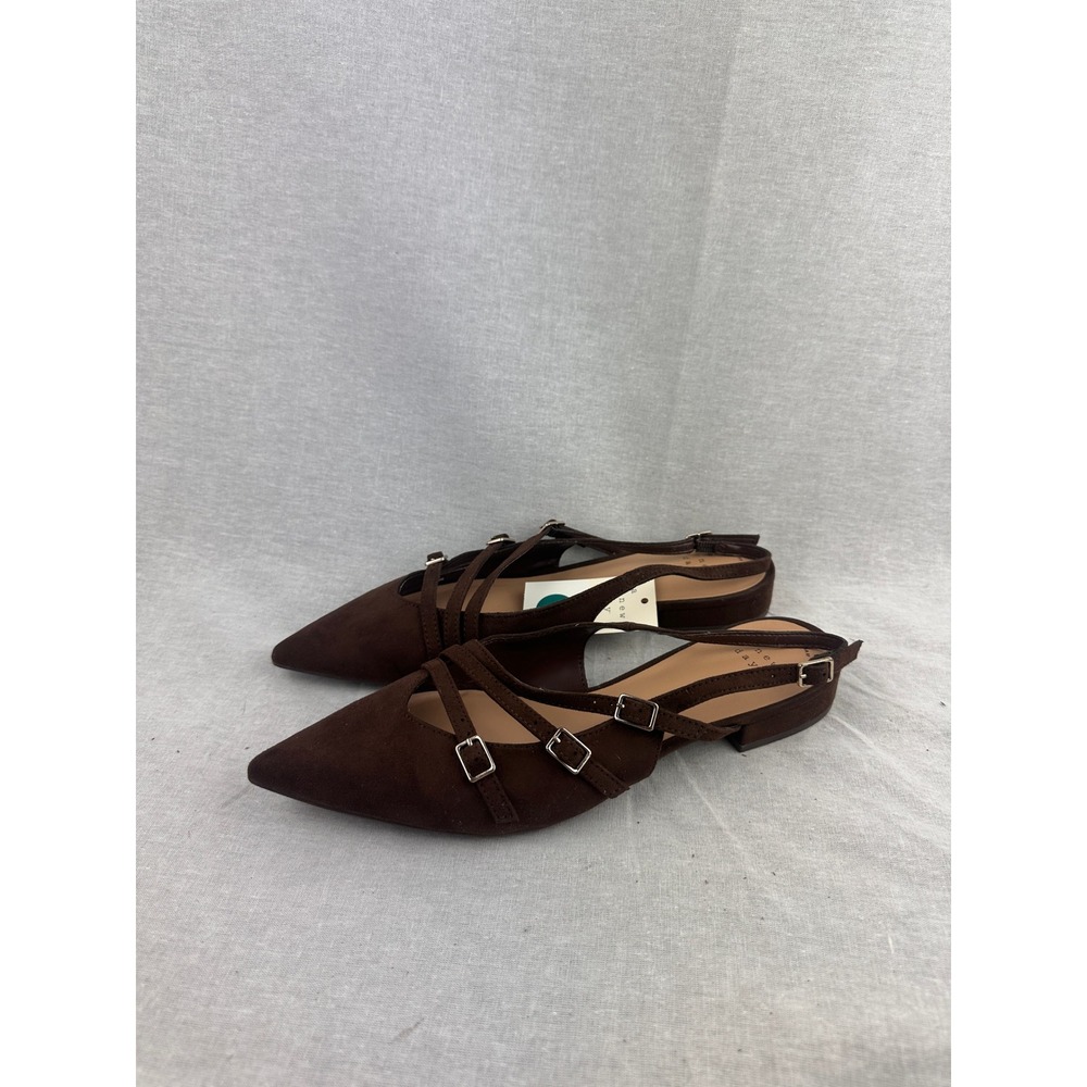 A New Day Women Brown Faux Suede Buckle Strap Pointed Toe Slingback Flats Size 9